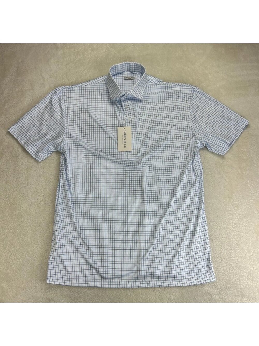 Collars & Co Dress Collar Polo Shirt Mens Large Thin Blue Check Short Sleeve NWT